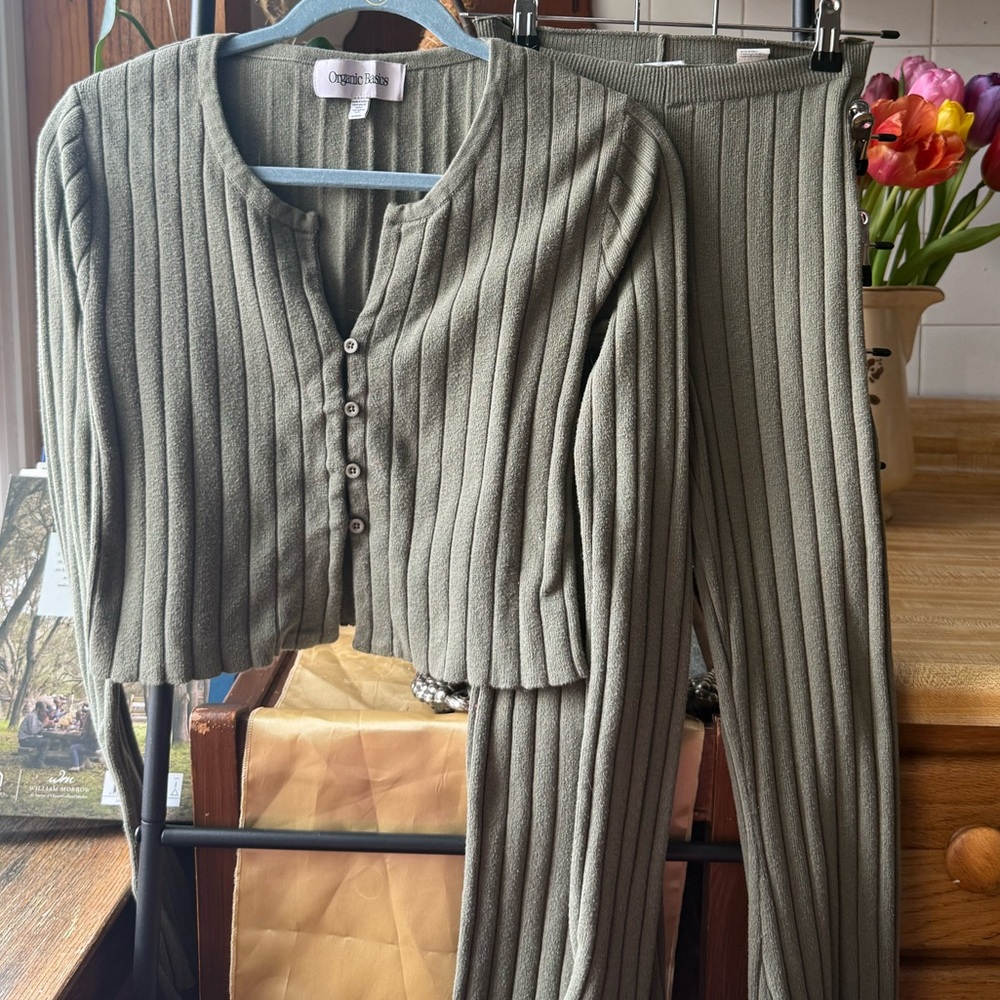 Organic Basics Soft Knit Ribbed Sage Green Cardigan and High Rise Flare pant set